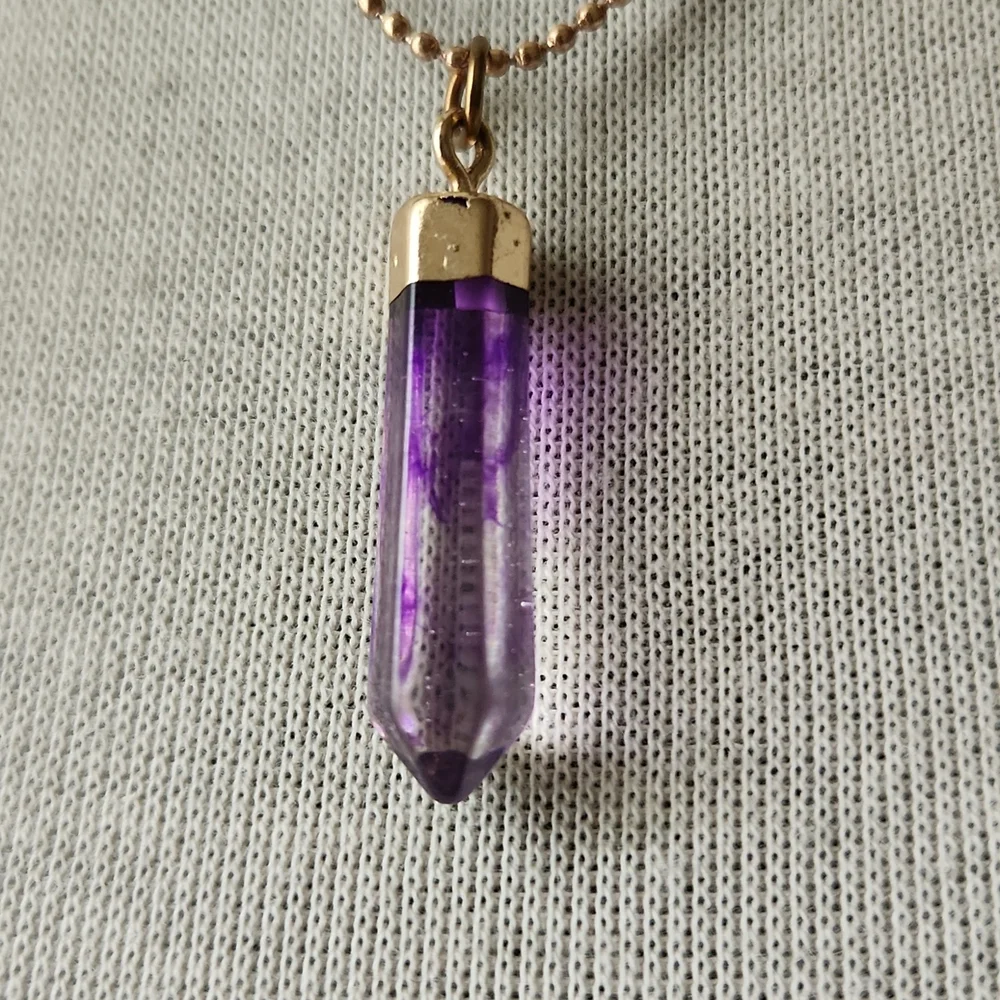 Gold Tone Necklace Purple Smoky Crystal Obelisk Charm